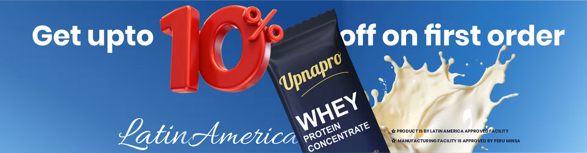Promotional banner for Unapro Whey Protein Concentrate showing a black pouch with a blue label, large red '10%' text, white Spanish discount text, and a milk splash on a blue gradient background.